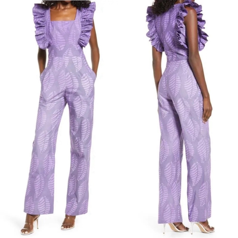 SIKA NWT Sleeveless Purple Tropical Leaf Printed Ruffle Flutter Linen Jumpsuit 2